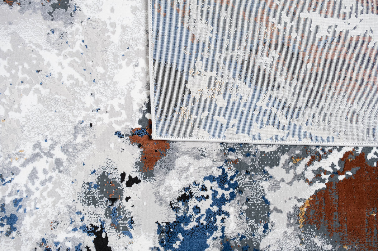 LALA-146 Polyester Viscose Area Rug - Grey Marble Abstract, Red-Brown, Tan, Cream & Ocean Blue Accents, Black, 9' 8" X 13' (1 Piece)