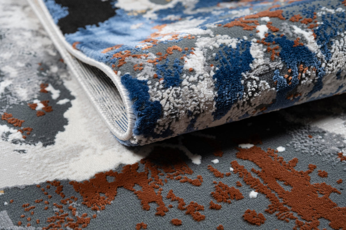 LALA-146 Polyester Viscose Area Rug - Grey Marble Abstract, Red-Brown, Tan, Cream & Ocean Blue Accents, Black, 9' 8" X 13' (1 Piece)