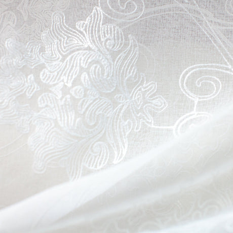 Bali Embroidered Damask Sheer Polyester Fabric - White, Ivory, 118" Width (1 Yard)
