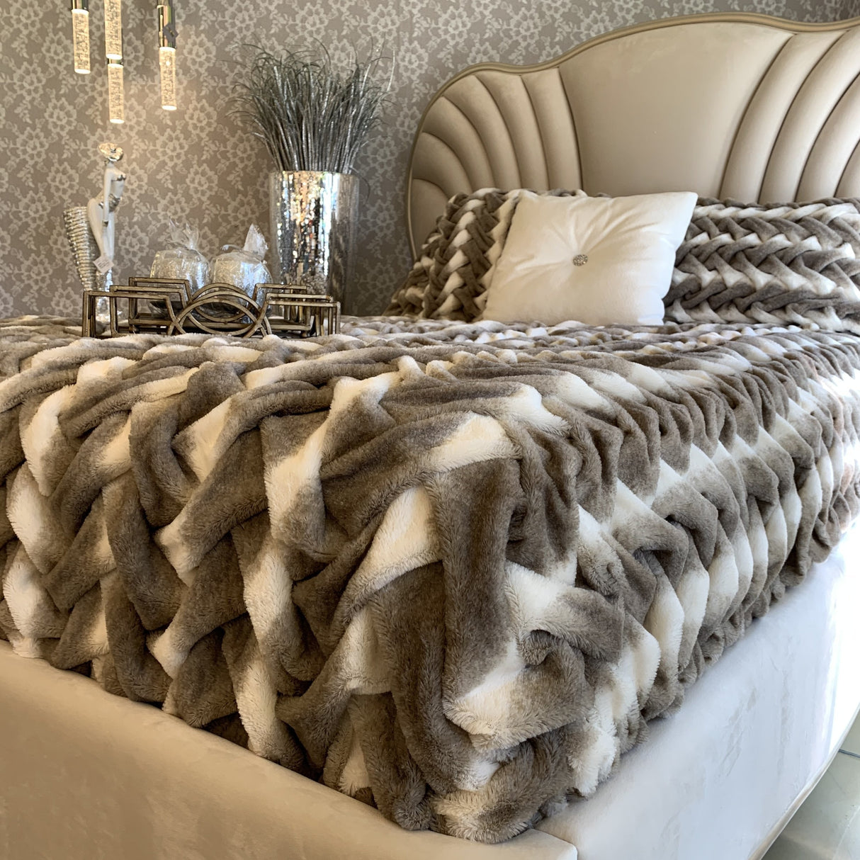 Soft Braided Look Cozy Faux Fur Fabric - Toned Mocha & Silver, Braided Look, 104" X 93" (Cal King/Eastern King - 104" X 93")