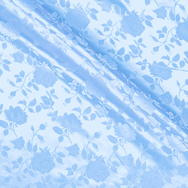 Satin Jacquard Roses Light Blue Fabric