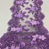 VT-33 Sequin 3D Lace Fabric With Embroideries On Mesh With Pearls - Baby Blue, 33-Cm Width