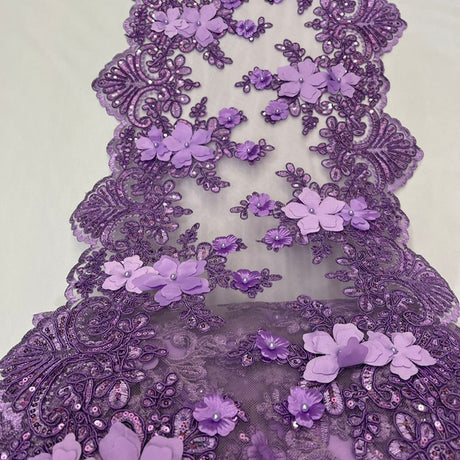 VT-33 Sequin 3D Lace Fabric With Embroideries On Mesh With Pearls - Baby Blue, 33-Cm Width