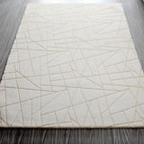 White With Golden Metallic Lines Faux Rabbit Touch Rug - White Lines, Faux Fur Rug (7'6" X 10'3")