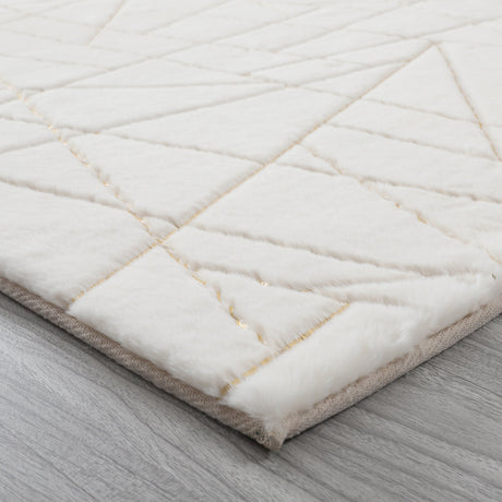 White With Golden Metallic Lines Faux Rabbit Touch Rug - White Lines, Faux Fur Rug (7'6" X 10'3")