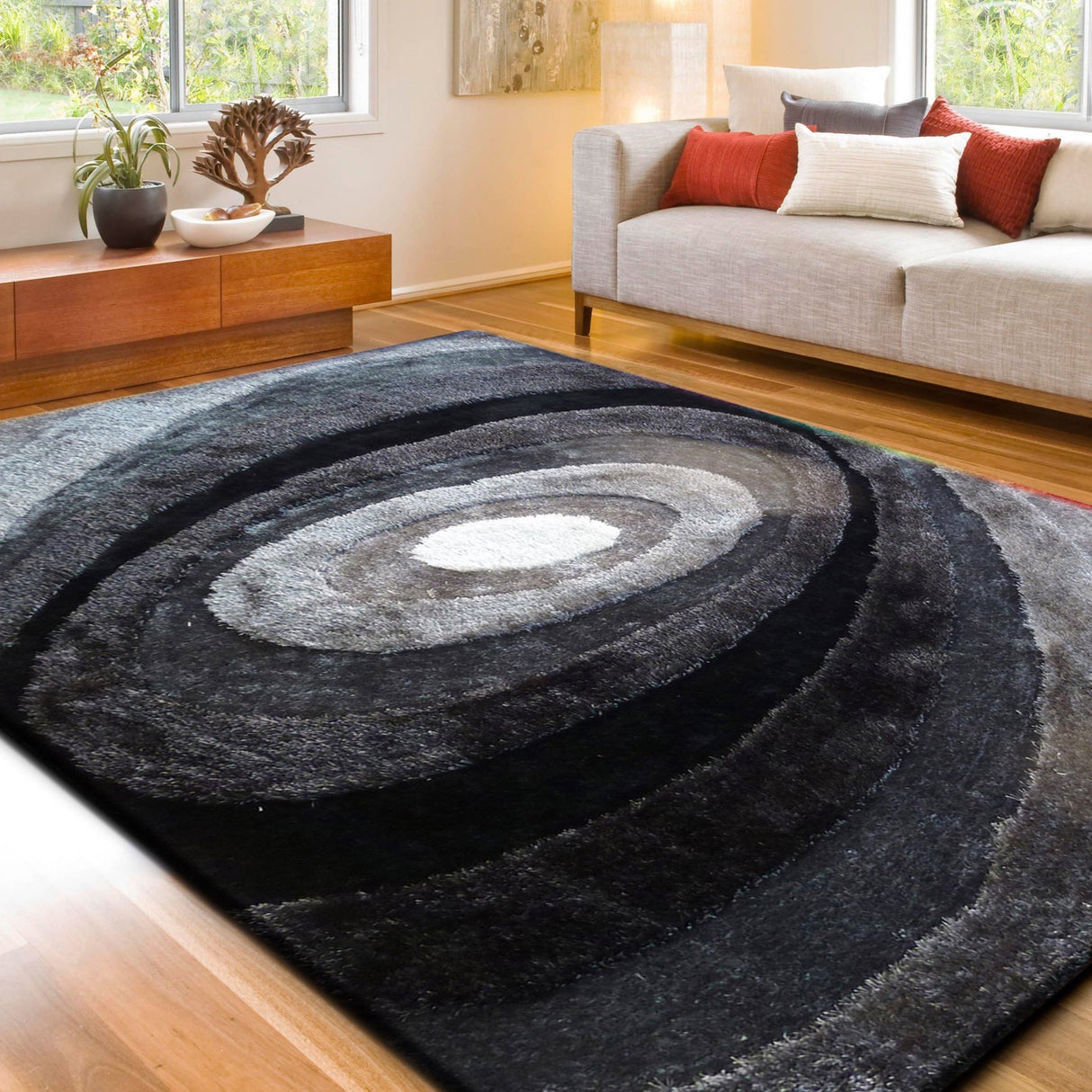 Soft Plush Fluffy Circle Design Polyester Fabric - Shag Area Rug, Circle Design, 7'6" X 10'3" (1 Piece)