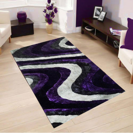 Soft Plush Fluffy Wavy Design Polyester Fabric - Gray Purple, Gray Blue, Shag Area Rug, 1.19" Pile Height (5' X 7', 7'6" X 10'3")
