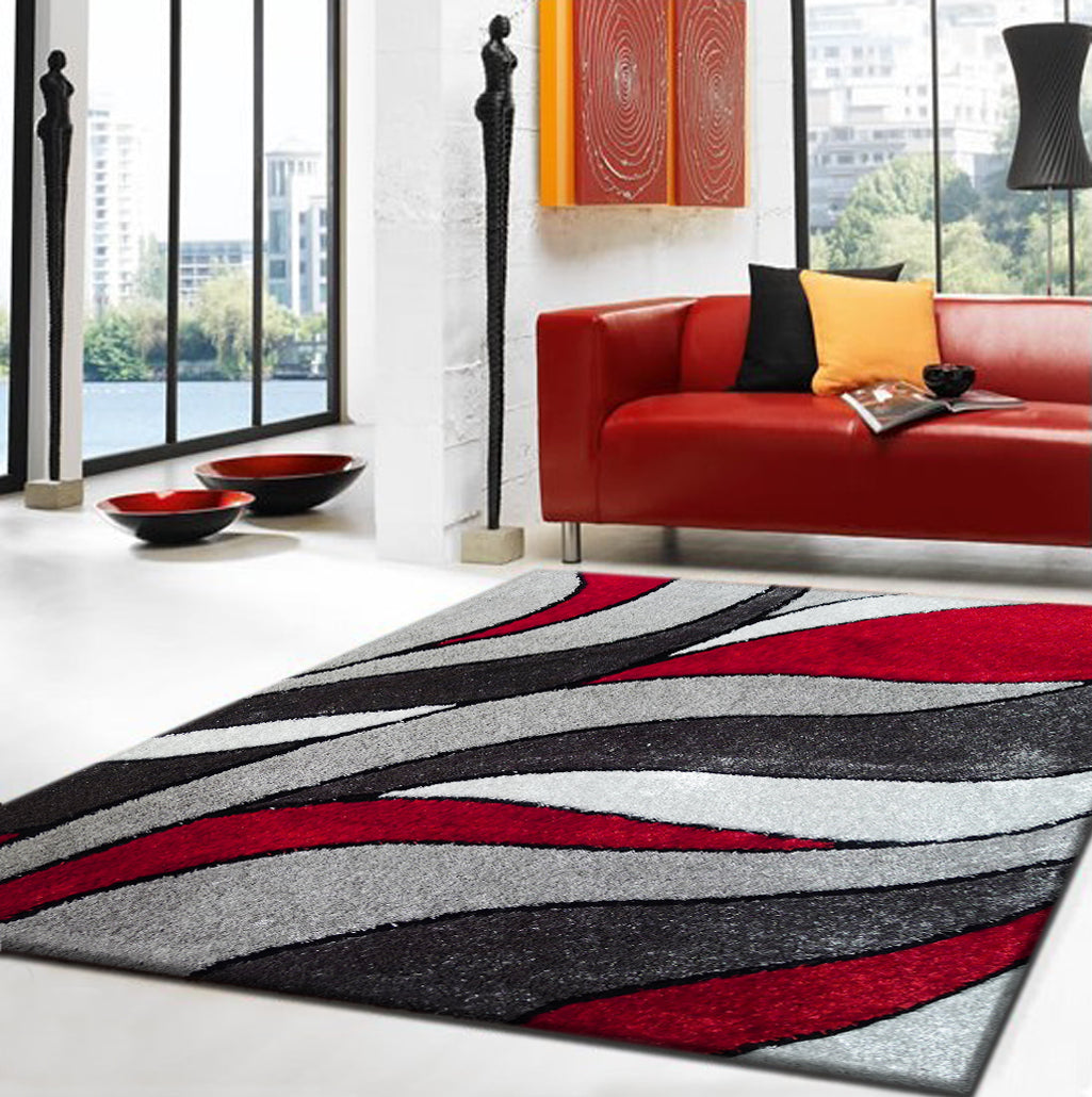 Vibrant Soft Hand Tufted Modern Shag Design Shag Area Rug Carpet - Gray Red, Modern Design, 5' X 7' (1 Piece)