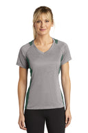 Sport Tek Women's Heather Colorblock Contender V Neck Tee, stylish performance athletic shirt