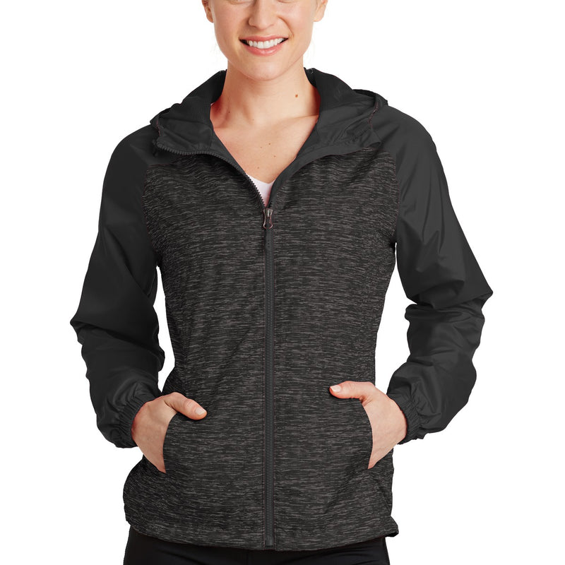 Sport-Tek® Ladies Heather Colorblock Raglan Hooded Wind Jacket