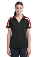 Sport-Tek Ladies Tricolor Shoulder Micropique Polo with breathable fabric and athletic shoulder design