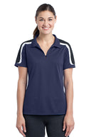 Sport-Tek Ladies Tricolor Shoulder Micropique Polo with breathable fabric and athletic shoulder design