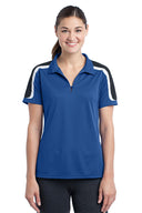 Sport-Tek Ladies Tricolor Shoulder Micropique Polo with breathable fabric and athletic shoulder design