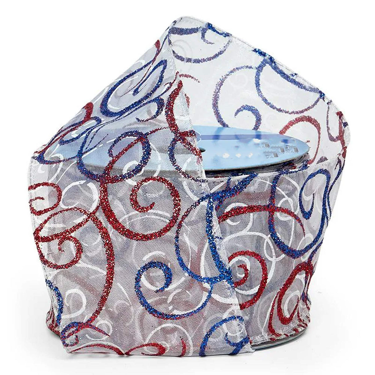 Glitter Swirls & Swipes On Wired Ribbon 2 1/2 '' X 10 yd Glitter Red / Blue Swirls (Sheer) Color 1 / roll