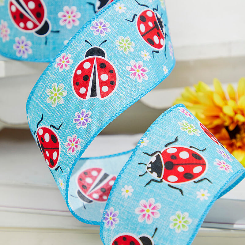 2.5"x 10 Yards Blue Ladybugs Ribbon Whimsical Spring Wired Craft Ribbon