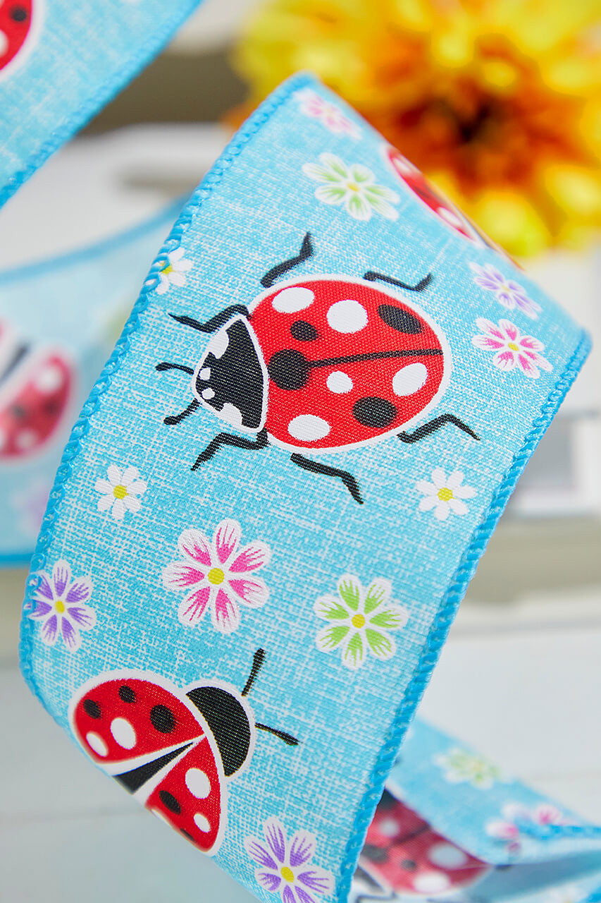 2.5"x 10 Yards Blue Ladybugs Ribbon Whimsical Spring Wired Craft Ribbon
