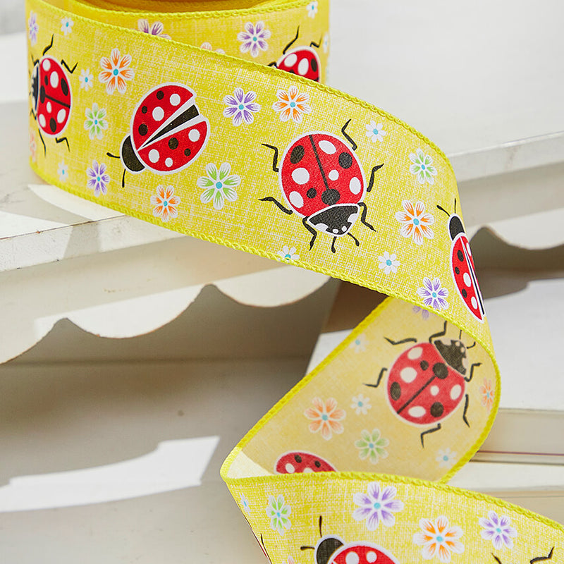2.5" x 10 Yards Yellow Ladybugs Ribbon