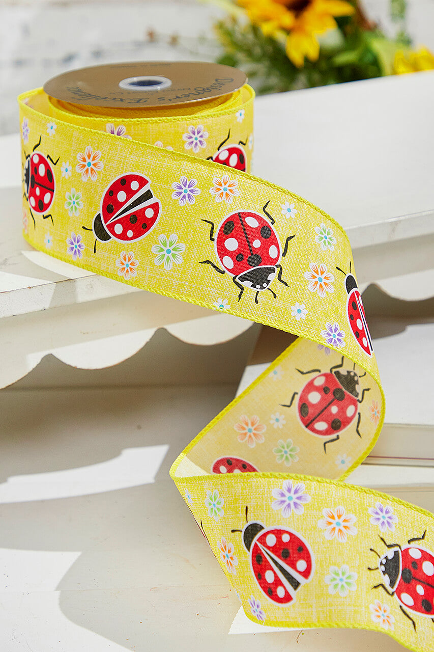 2.5" x 10 Yards Yellow Ladybugs Ribbon