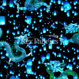 Lantern Nylon Spandex Fabric - Chinese Dragon And Lantern Print, Blue Or Orange On Black, 58/60" Width (1 Yard)