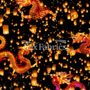 Lantern Nylon Spandex Fabric - Chinese Dragon And Lantern Print, Blue Or Orange On Black, 58/60" Width (1 Yard)