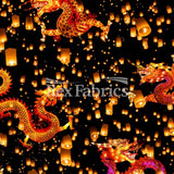 Lantern Nylon Spandex Fabric - Chinese Dragon And Lantern Print, Blue Or Orange On Black, 58/60" Width (1 Yard)