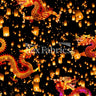 Lantern Nylon Spandex Fabric - Chinese Dragon And Lantern Print, Blue Or Orange On Black, 58/60" Width (1 Yard)