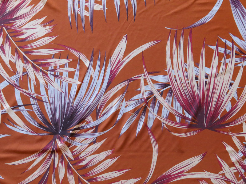 Swim Knit Large Scale Foliage on Terra Cotta Poly Spandex 18" Remnant