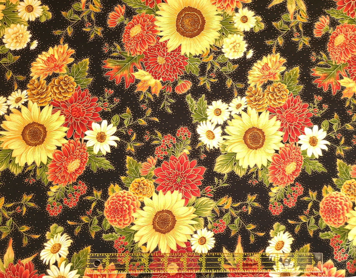 Quilting Cotton Large Sunflowers Harvest Metallic Fall Theme