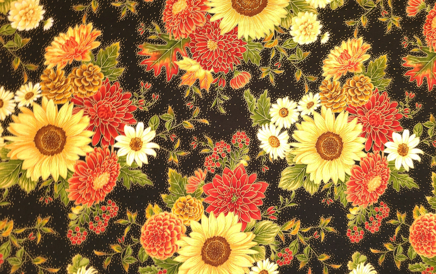 Quilting Cotton Large Sunflowers Harvest Metallic Fall Theme