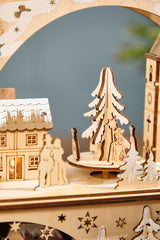 14.75" Lighted Laser Cut Wood Village Scene with Moving Figurine and Candles