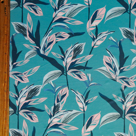 Swim Knit Leaves on Teal Poly Spandex Fabric