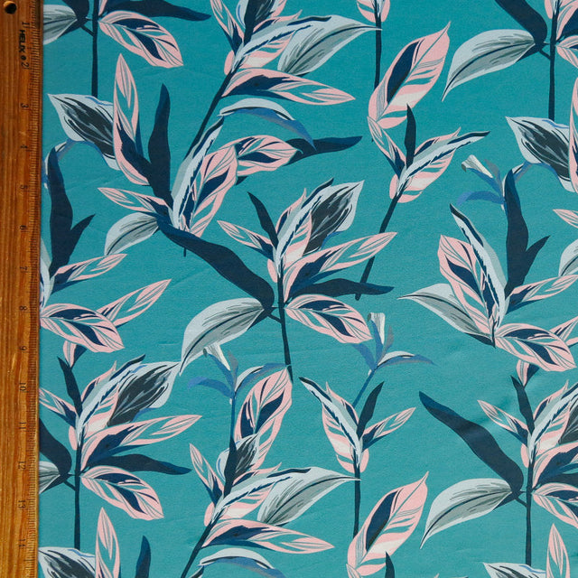 Swim Knit Leaves on Teal Poly Spandex Fabric