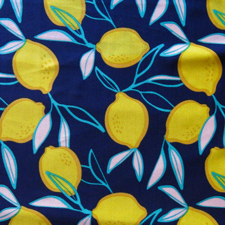 Swim Knit Poly Spandex Lemons on Navy 4-Way Stretch