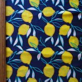 Swim Knit Poly Spandex Lemons on Navy 4-Way Stretch