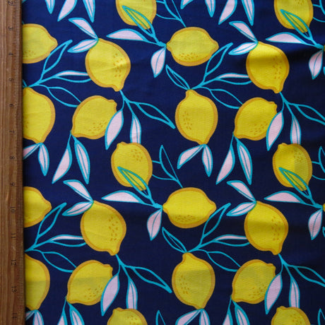 Swim Knit Poly Spandex Lemons on Navy 4-Way Stretch