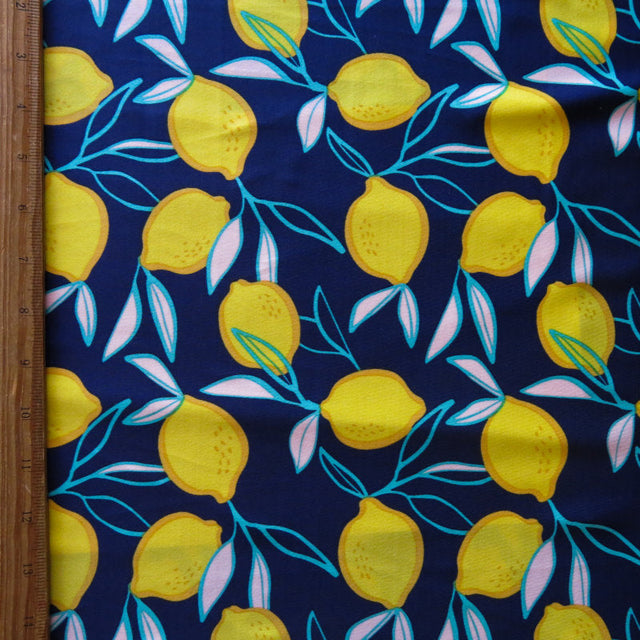 Swim Knit Poly Spandex Lemons on Navy 4-Way Stretch