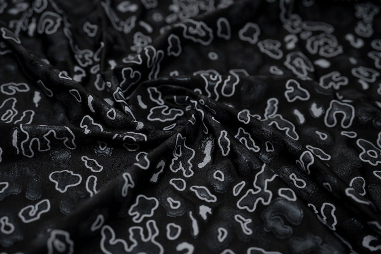 Leo Party Foil Printed Spandex Fabric - Black Leopard Foil Print, 56" Width (1 Yard)