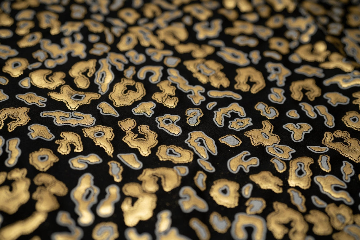 Leo Party Foil Printed Spandex Fabric - Black Leopard Foil Print, 56" Width (1 Yard)