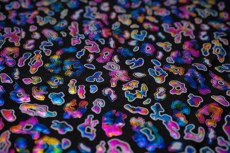 Leo Party Foil Printed Spandex Fabric - Black/Multicolored Leopard Foil Print, 56" Width (1 Yard)