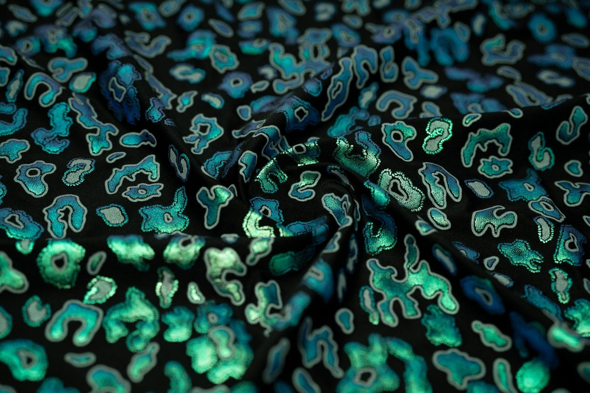 Leo Party Foil Printed Spandex Fabric - Black Leopard Foil Print, 56" Width (1 Yard)