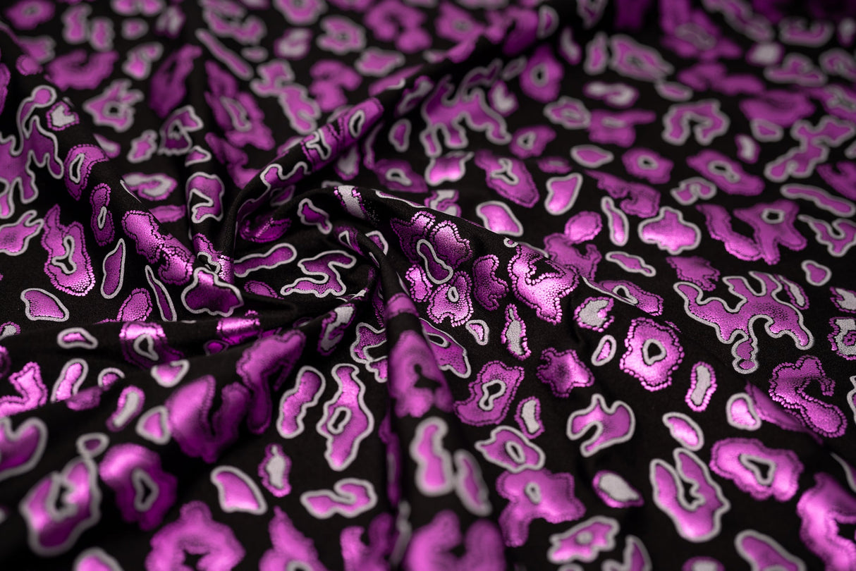 Leo Party Foil Printed Spandex Fabric - Black/Multicolored Leopard Foil Print, 56" Width (1 Yard)
