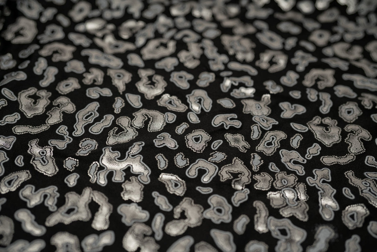 Leo Party Foil Printed Spandex Fabric - Black Leopard Foil Print, 56" Width (1 Yard)