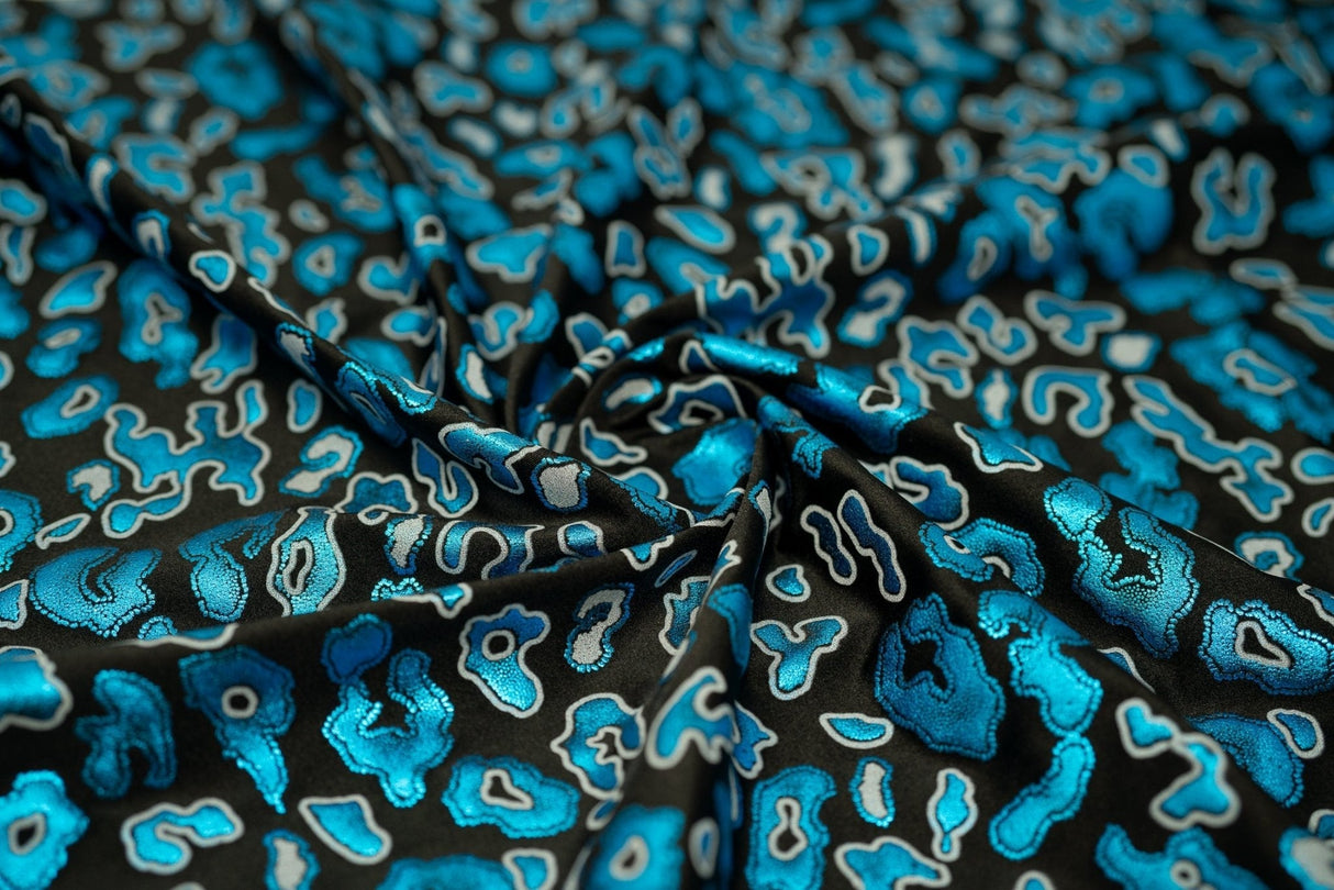 Leo Party Foil Printed Spandex Fabric - Black Leopard Foil Print, 56" Width (1 Yard)