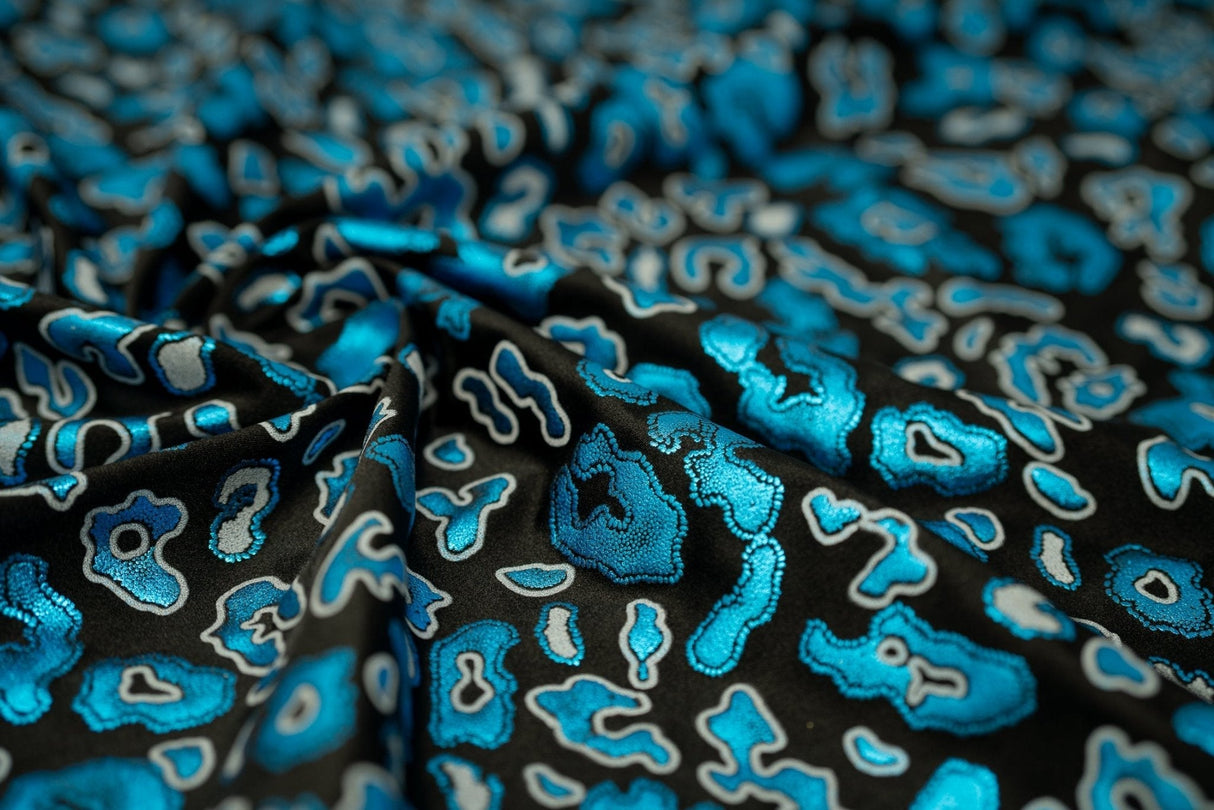 Leo Party Foil Printed Spandex Fabric - Black Leopard Foil Print, 56" Width (1 Yard)