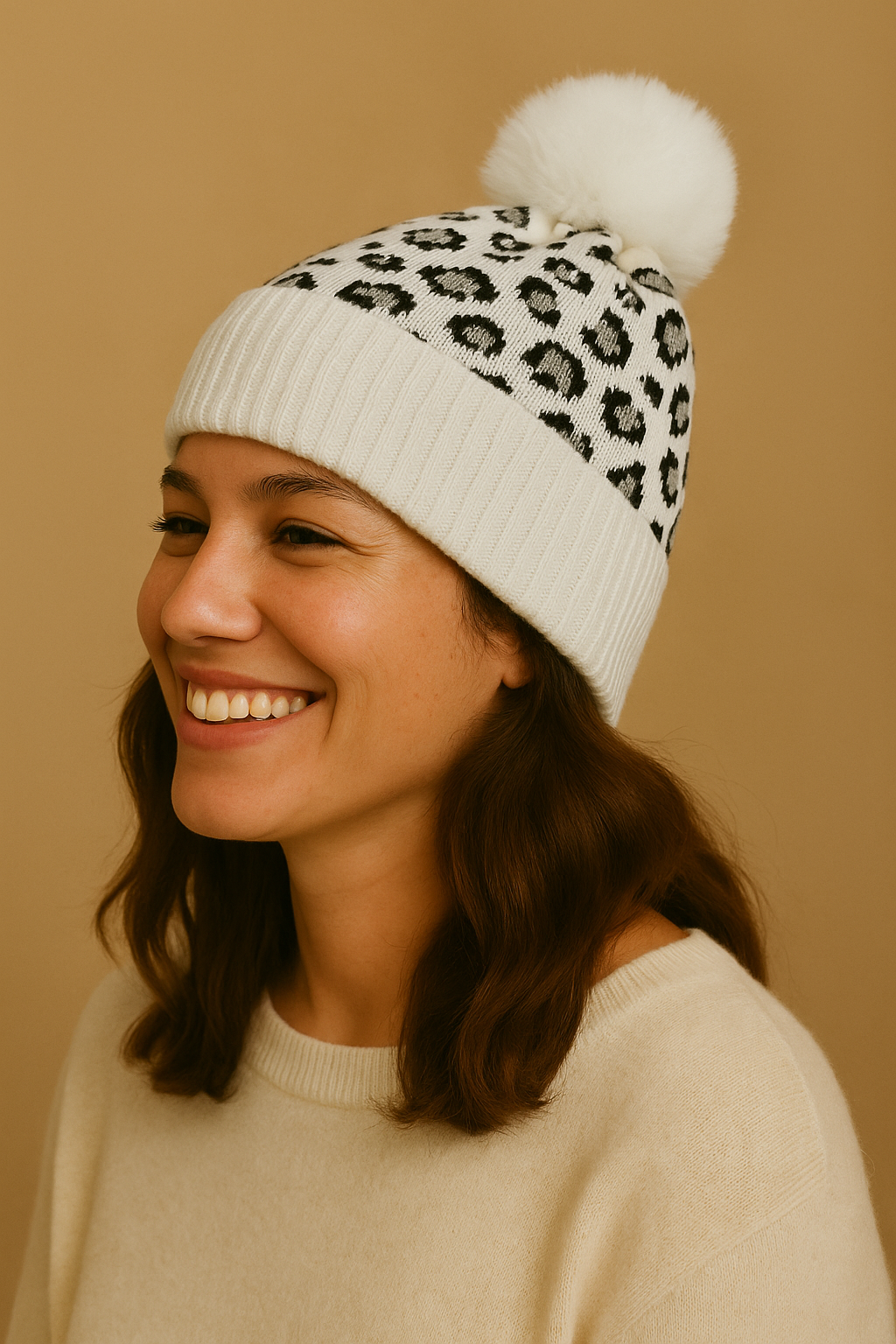 Leopard Beanies Acrylic Fabric - White Leopard Print, One Size Fits All (1 Piece)