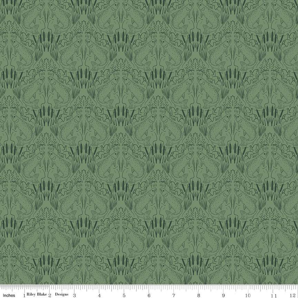 Cotton Print Fabric Sage Damask Fish & Foliage 43/44"