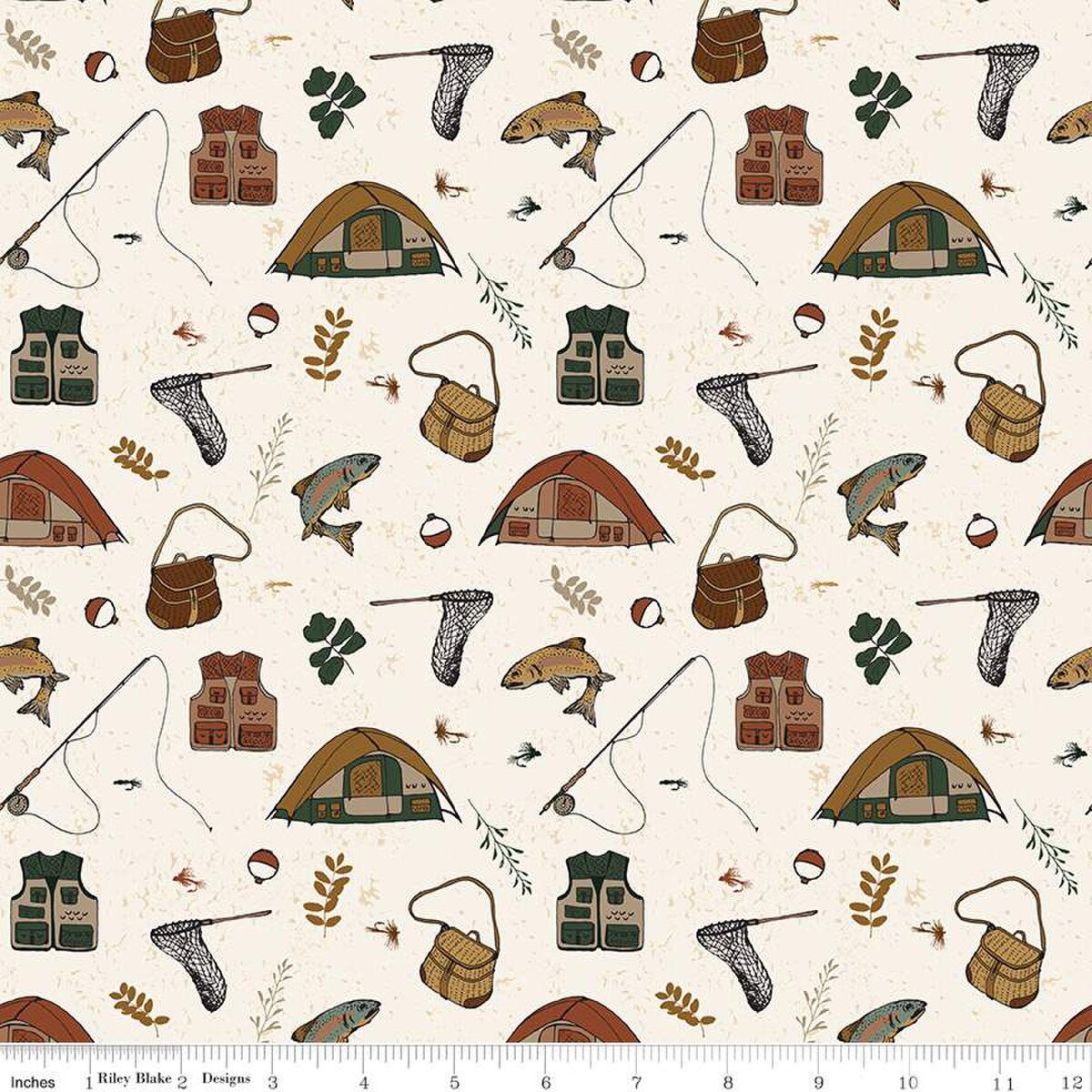 Cotton Print Gone Fishing Cream Fabric 43/44"