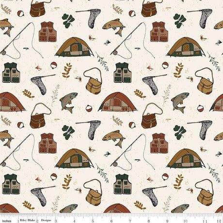 Cotton Print Gone Fishing Cream Fabric 43/44"