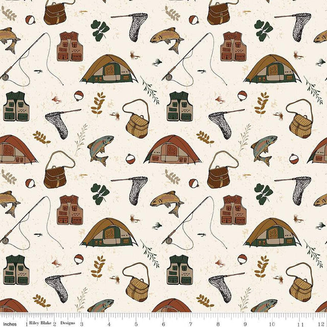 Cotton Print Gone Fishing Cream Fabric 43/44"
