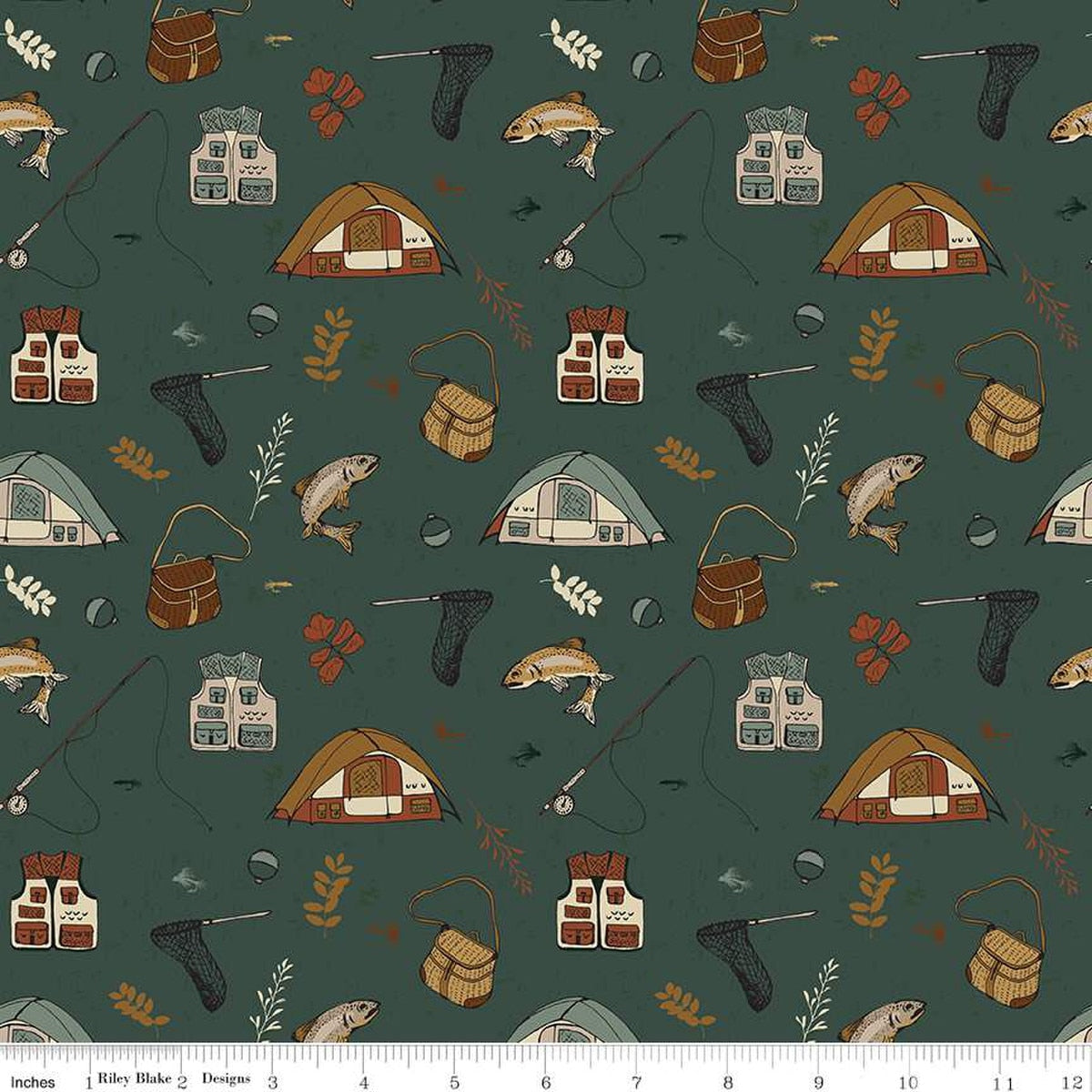 Cotton Print Fabric Let's Wander Gone Fishing Forest 43/44"